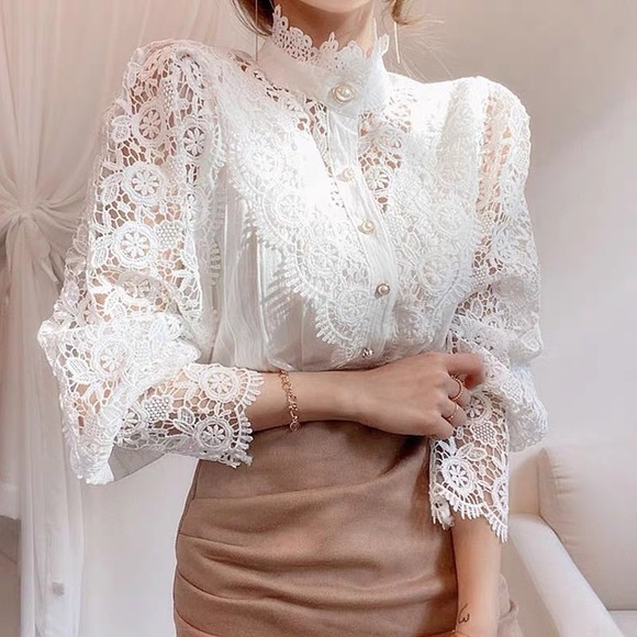 Tops - White Flower Lace Button Up Blouse